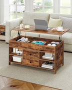 Hzuaneri Coffee Table, Height-Adjustable Living Room Table, Sofa Table, 2 Drawers and Hidden Storage, 50 x 100 x 47.3-61.3 cm, for Living Room, Dining Room, Office, Vintage Brown-Black CT22101B