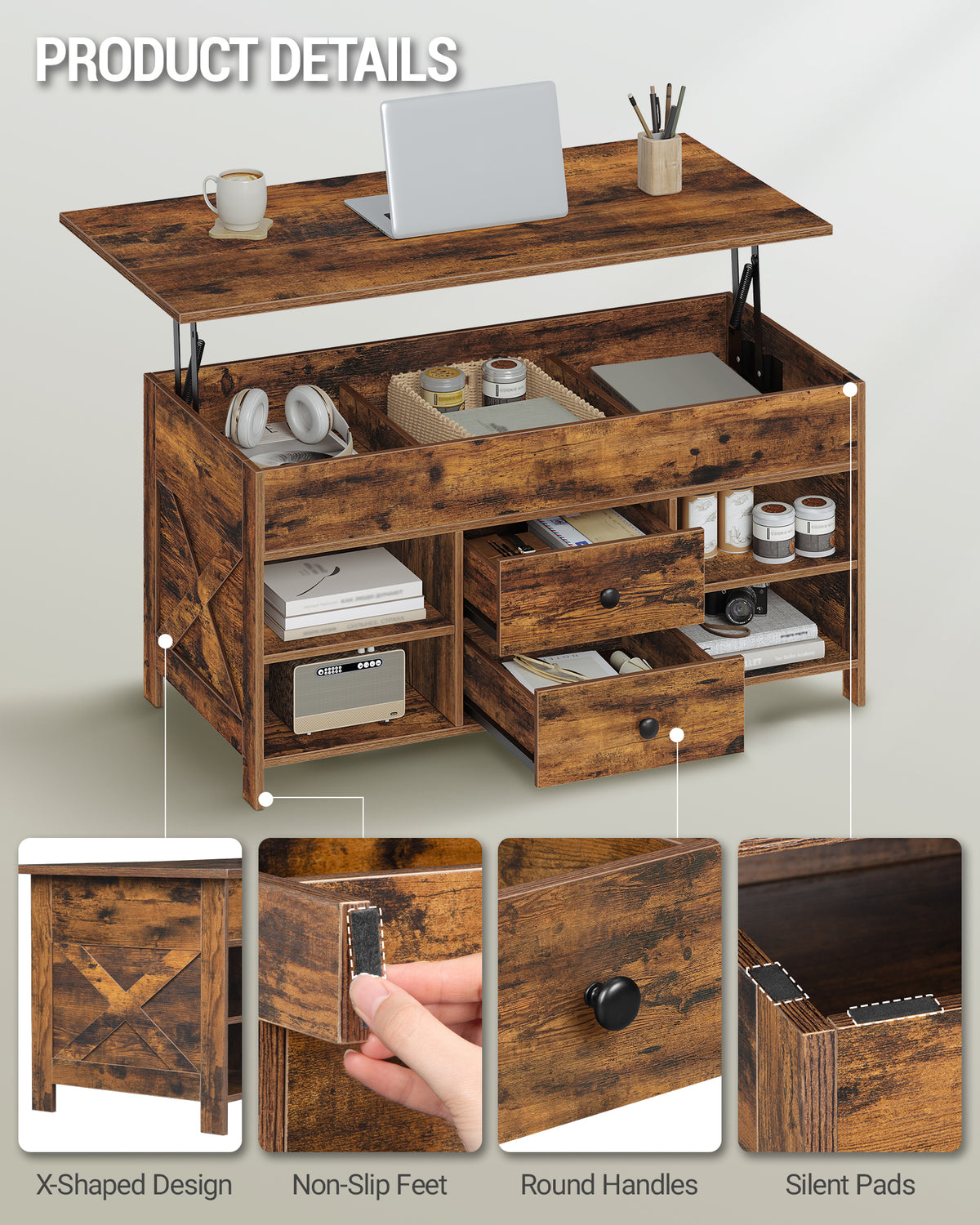 Hzuaneri Coffee Table, Height-Adjustable Living Room Table, Sofa Table, 2 Drawers and Hidden Storage, 50 x 100 x 47.3-61.3 cm, for Living Room, Dining Room, Office, Vintage Brown-Black CT22101B