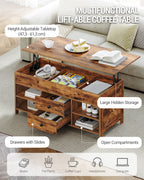 Hzuaneri Coffee Table, Height-Adjustable Living Room Table, Sofa Table, 2 Drawers and Hidden Storage, 50 x 100 x 47.3-61.3 cm, for Living Room, Dining Room, Office, Vintage Brown-Black CT22101B