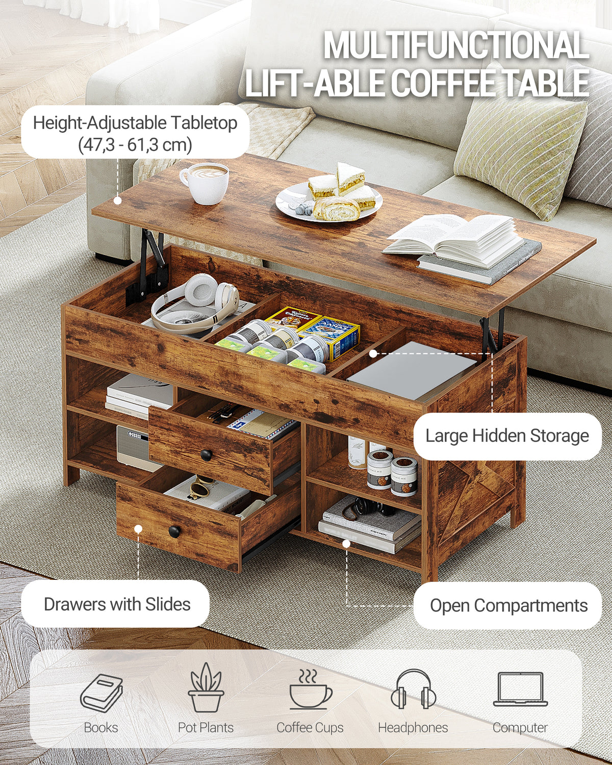 Hzuaneri Coffee Table, Height-Adjustable Living Room Table, Sofa Table, 2 Drawers and Hidden Storage, 50 x 100 x 47.3-61.3 cm, for Living Room, Dining Room, Office, Vintage Brown-Black CT22101B