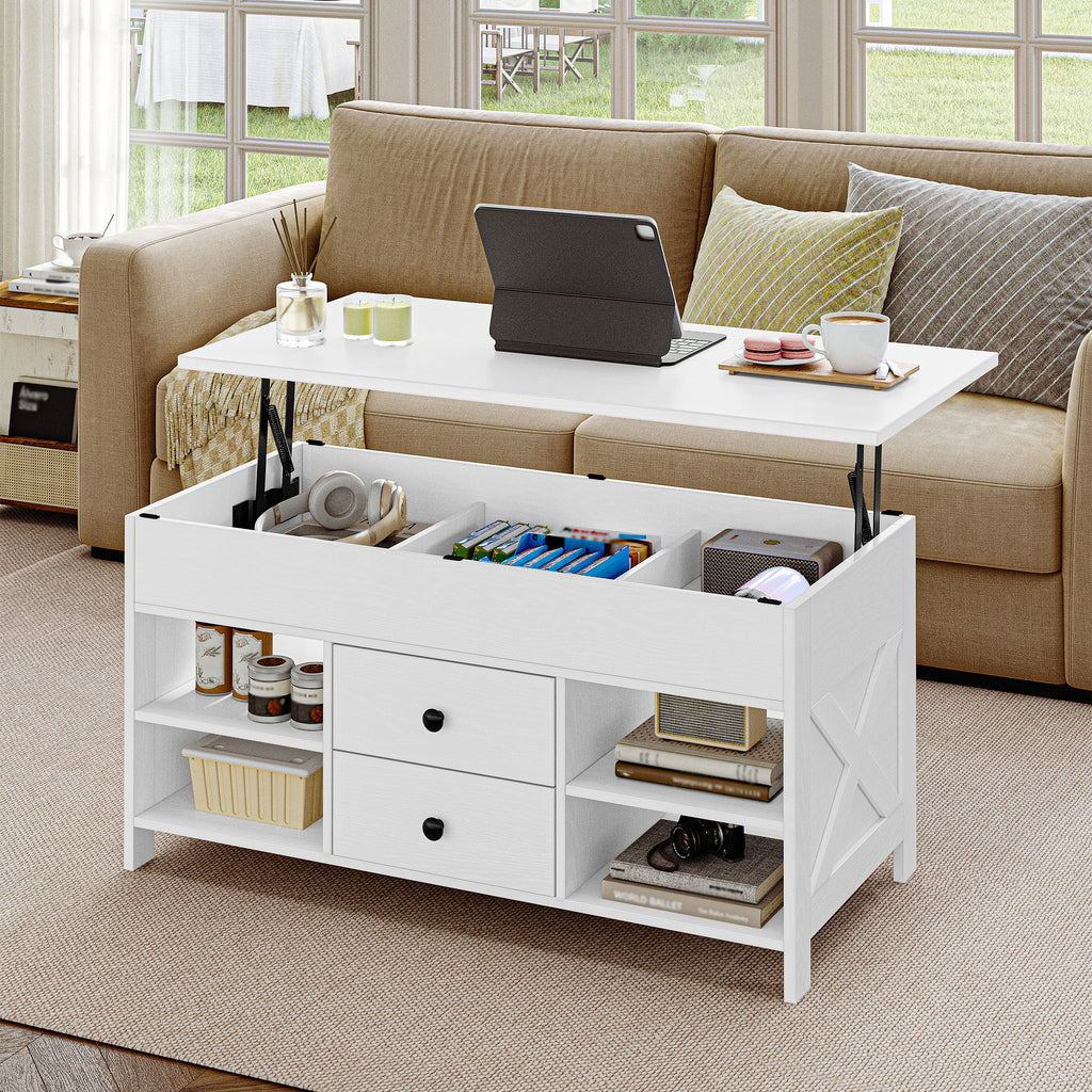 Hzuaneri Coffee Table, Height-Adjustable Living Room Table, Sofa Table, 2 Drawers and Hidden Storage, 50 x 100 x 47.3-61.3 cm, for Living Room, Dining Room, Office, White CT22113B