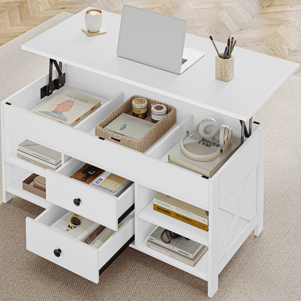 Hzuaneri Coffee Table, Height-Adjustable Living Room Table, Sofa Table, 2 Drawers and Hidden Storage, 50 x 100 x 47.3-61.3 cm, for Living Room, Dining Room, Office, White CT22113B