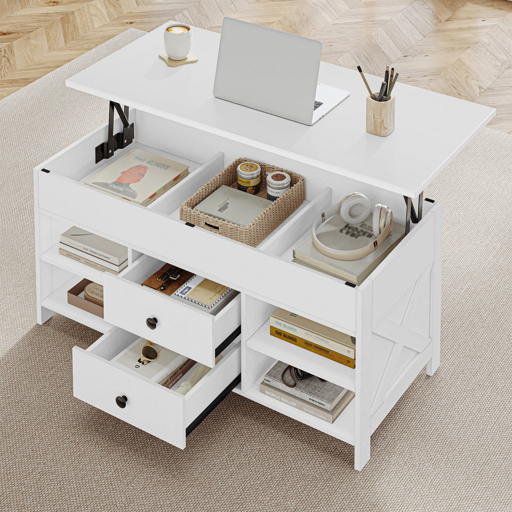 Hzuaneri Coffee Table, Height-Adjustable Living Room Table, Sofa Table, 2 Drawers and Hidden Storage, 50 x 100 x 47.3-61.3 cm, for Living Room, Dining Room, Office, White CT22113B