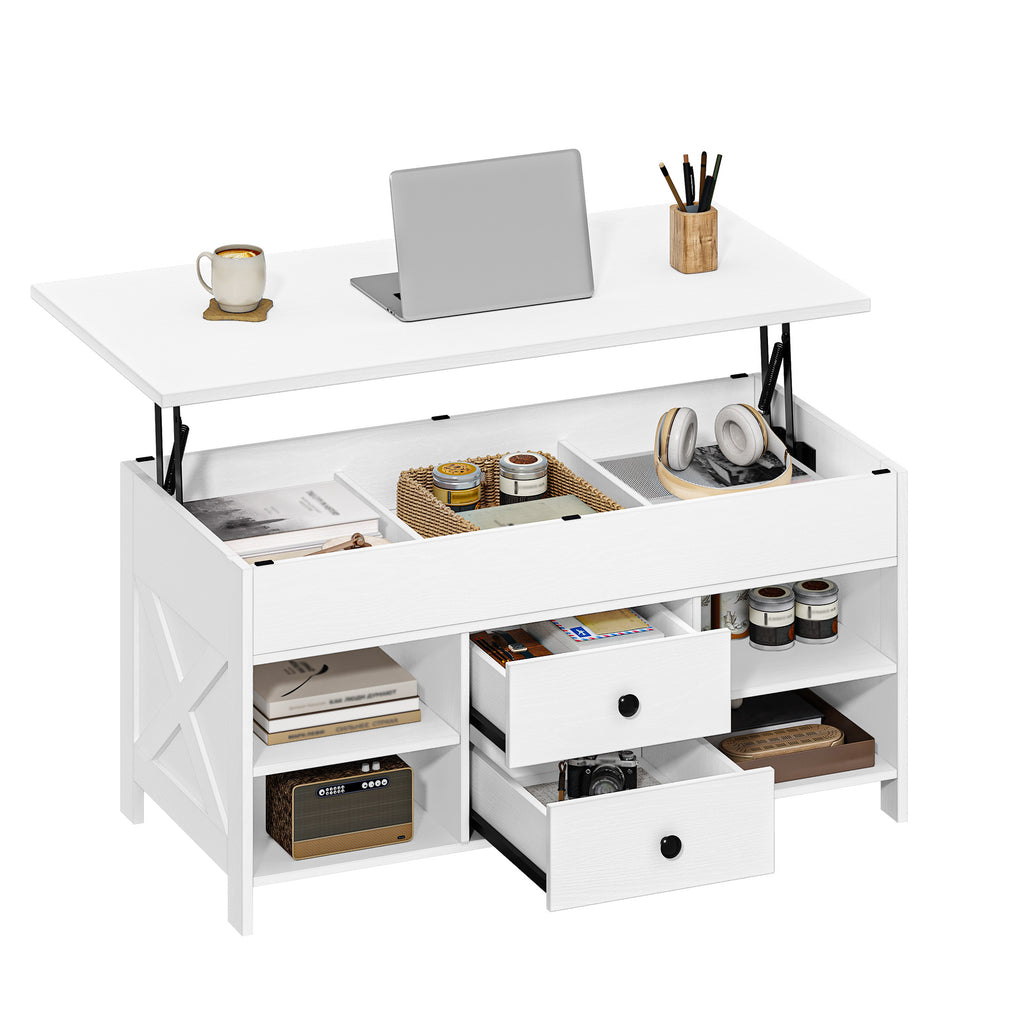 Hzuaneri Coffee Table, Height-Adjustable Living Room Table, Sofa Table, 2 Drawers and Hidden Storage, 50 x 100 x 47.3-61.3 cm, for Living Room, Dining Room, Office, White CT22113B