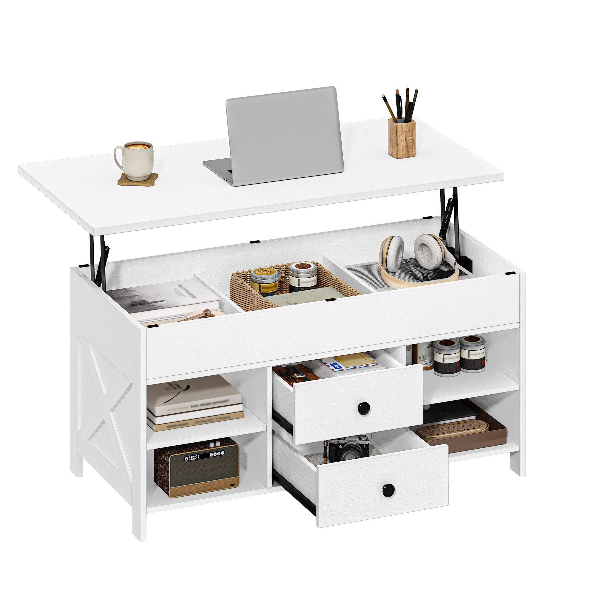Hzuaneri Coffee Table, Height-Adjustable Living Room Table, Sofa Table, 2 Drawers and Hidden Storage, 50 x 100 x 47.3-61.3 cm, for Living Room, Dining Room, Office, White CT22113B