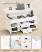 Hzuaneri Coffee Table, Height-Adjustable Living Room Table, Sofa Table, 2 Drawers and Hidden Storage, 50 x 100 x 47.3-61.3 cm, for Living Room, Dining Room, Office, White CT22113B
