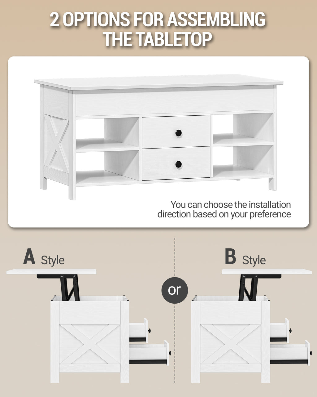 Hzuaneri Coffee Table, Height-Adjustable Living Room Table, Sofa Table, 2 Drawers and Hidden Storage, 50 x 100 x 47.3-61.3 cm, for Living Room, Dining Room, Office, White CT22113B