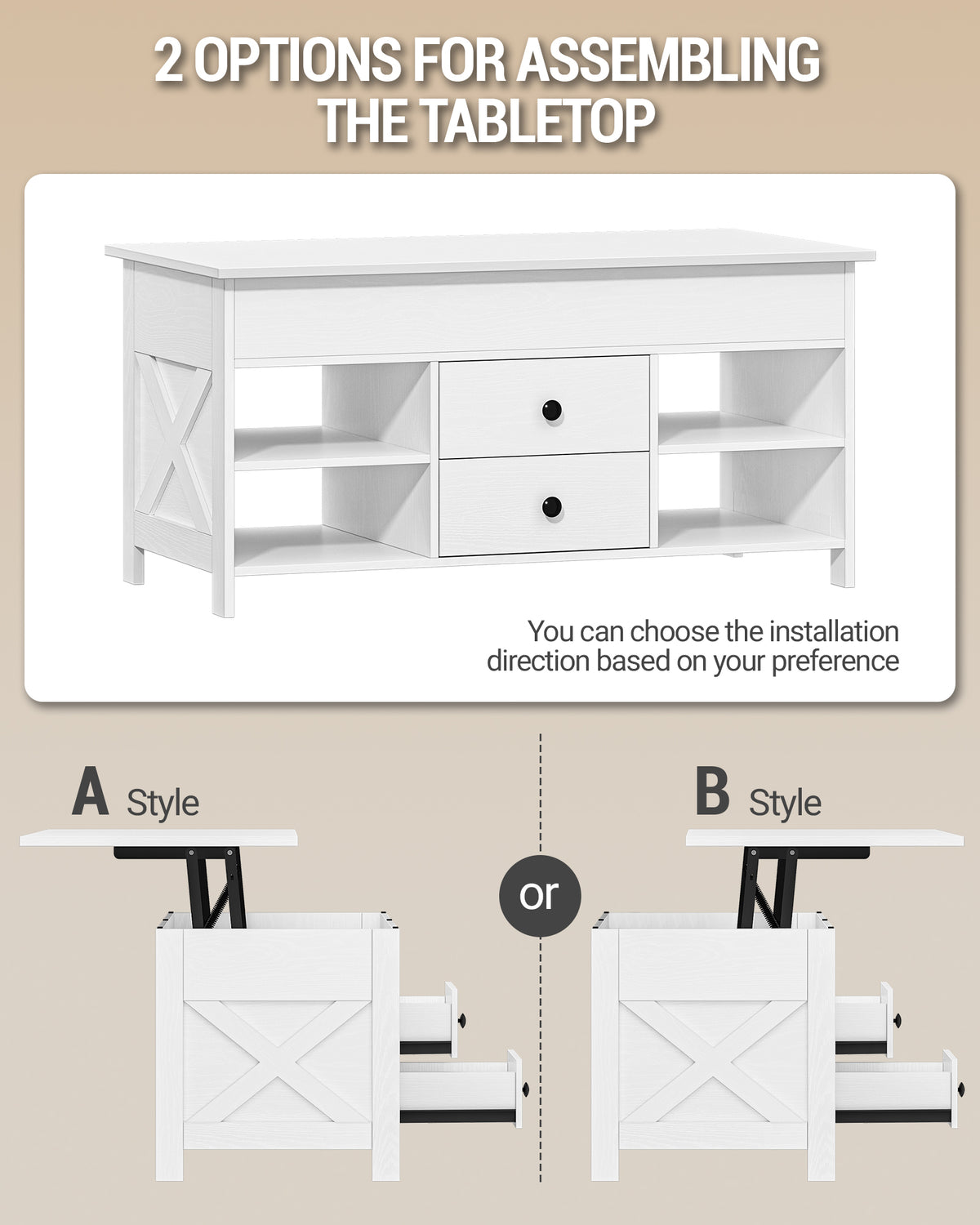 Hzuaneri Coffee Table, Height-Adjustable Living Room Table, Sofa Table, 2 Drawers and Hidden Storage, 50 x 100 x 47.3-61.3 cm, for Living Room, Dining Room, Office, White CT22113B