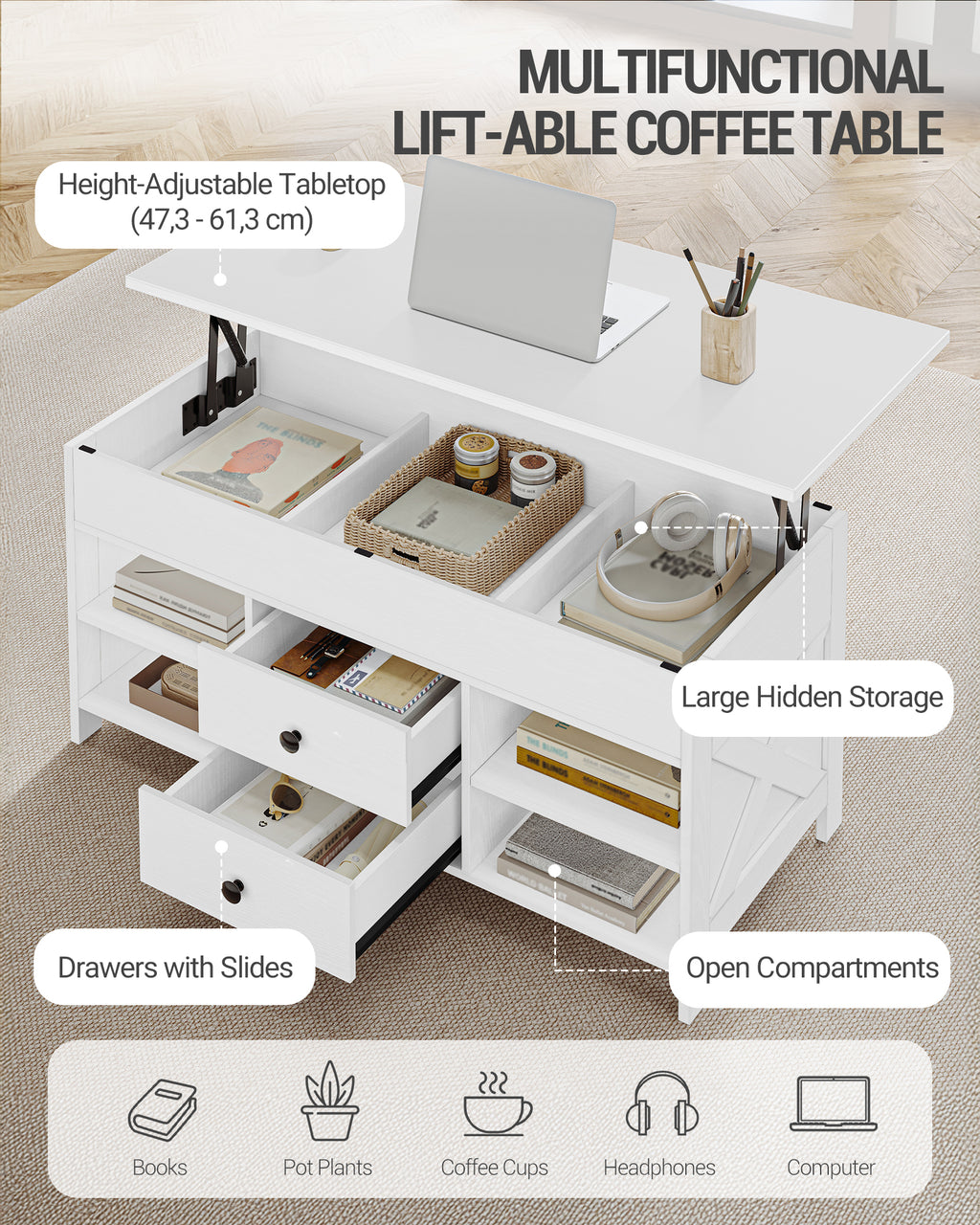 Hzuaneri Coffee Table, Height-Adjustable Living Room Table, Sofa Table, 2 Drawers and Hidden Storage, 50 x 100 x 47.3-61.3 cm, for Living Room, Dining Room, Office, White CT22113B