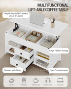 Hzuaneri Coffee Table, Height-Adjustable Living Room Table, Sofa Table, 2 Drawers and Hidden Storage, 50 x 100 x 47.3-61.3 cm, for Living Room, Dining Room, Office, White CT22113B