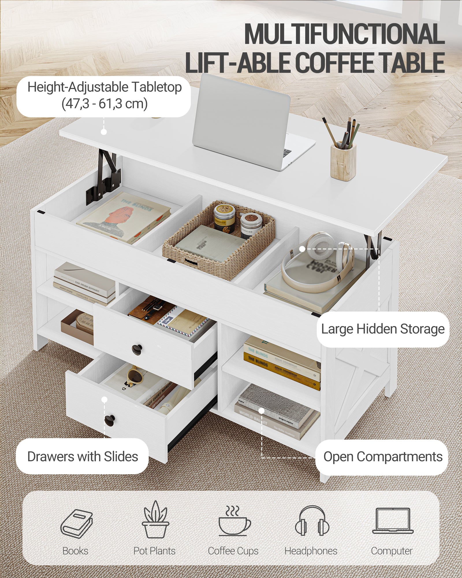 Hzuaneri Coffee Table, Height-Adjustable Living Room Table, Sofa Table, 2 Drawers and Hidden Storage, 50 x 100 x 47.3-61.3 cm, for Living Room, Dining Room, Office, White CT22113B