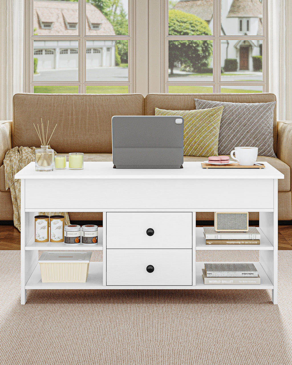 Hzuaneri Coffee Table, Height-Adjustable Living Room Table, Sofa Table, 2 Drawers and Hidden Storage, 50 x 100 x 47.3-61.3 cm, for Living Room, Dining Room, Office, White CT22113B