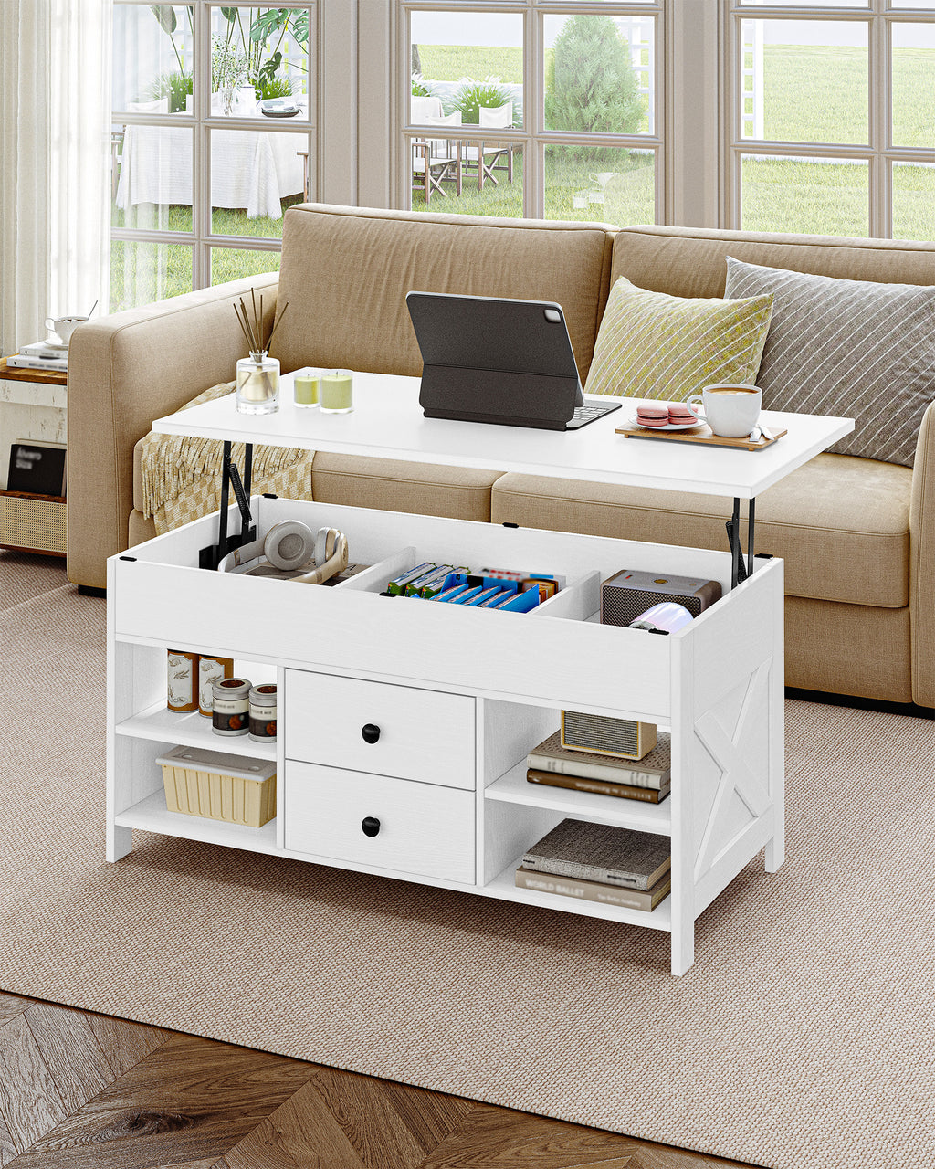 Hzuaneri Coffee Table, Height-Adjustable Living Room Table, Sofa Table, 2 Drawers and Hidden Storage, 50 x 100 x 47.3-61.3 cm, for Living Room, Dining Room, Office, White CT22113B
