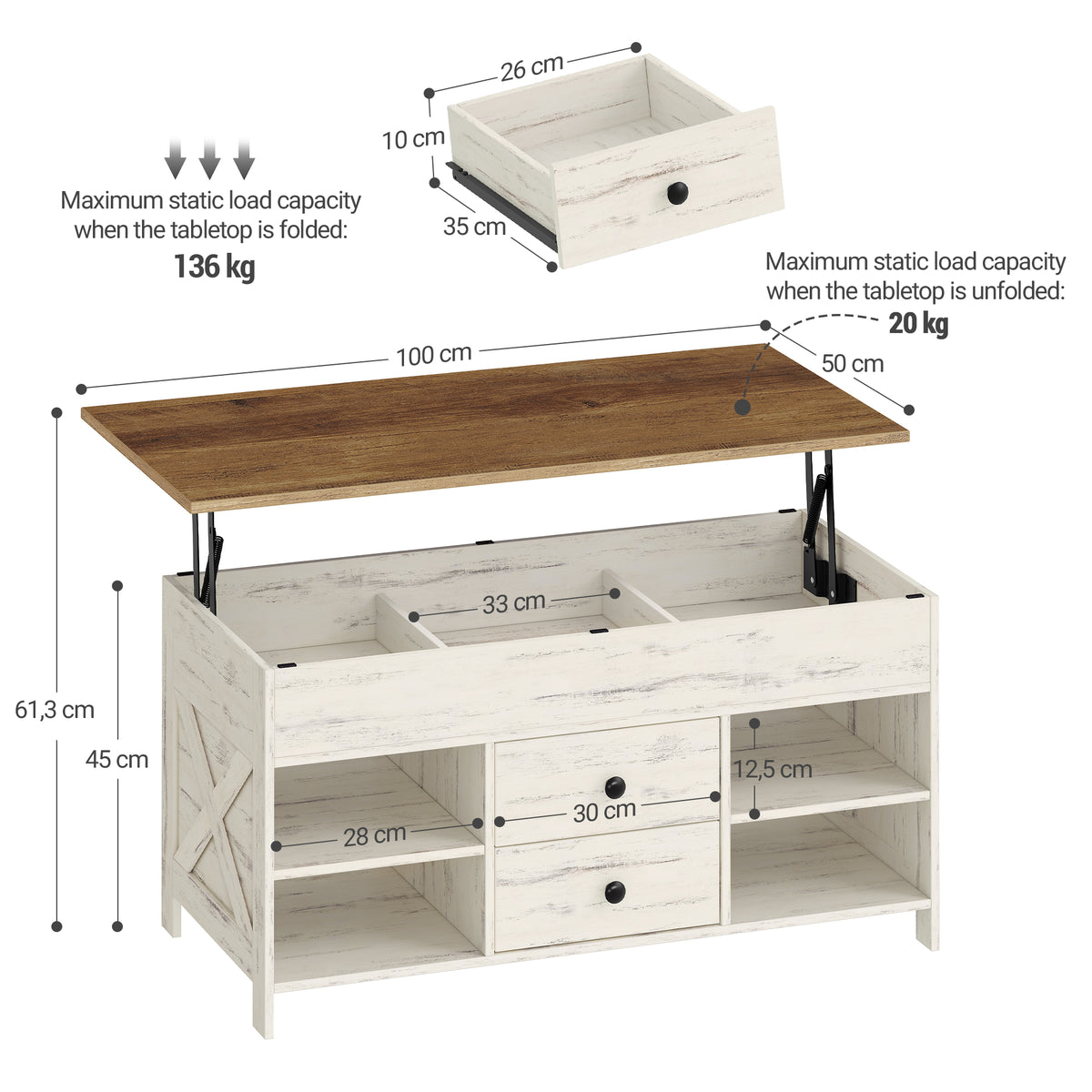Hzuaneri Coffee Table, Height-Adjustable Living Room Table, Sofa Table, 2 Drawers and Hidden Storage, 50 x 100 x 47.3-61.3 cm, for Living Room, Dining Room, Office, White-Brown CT22114B