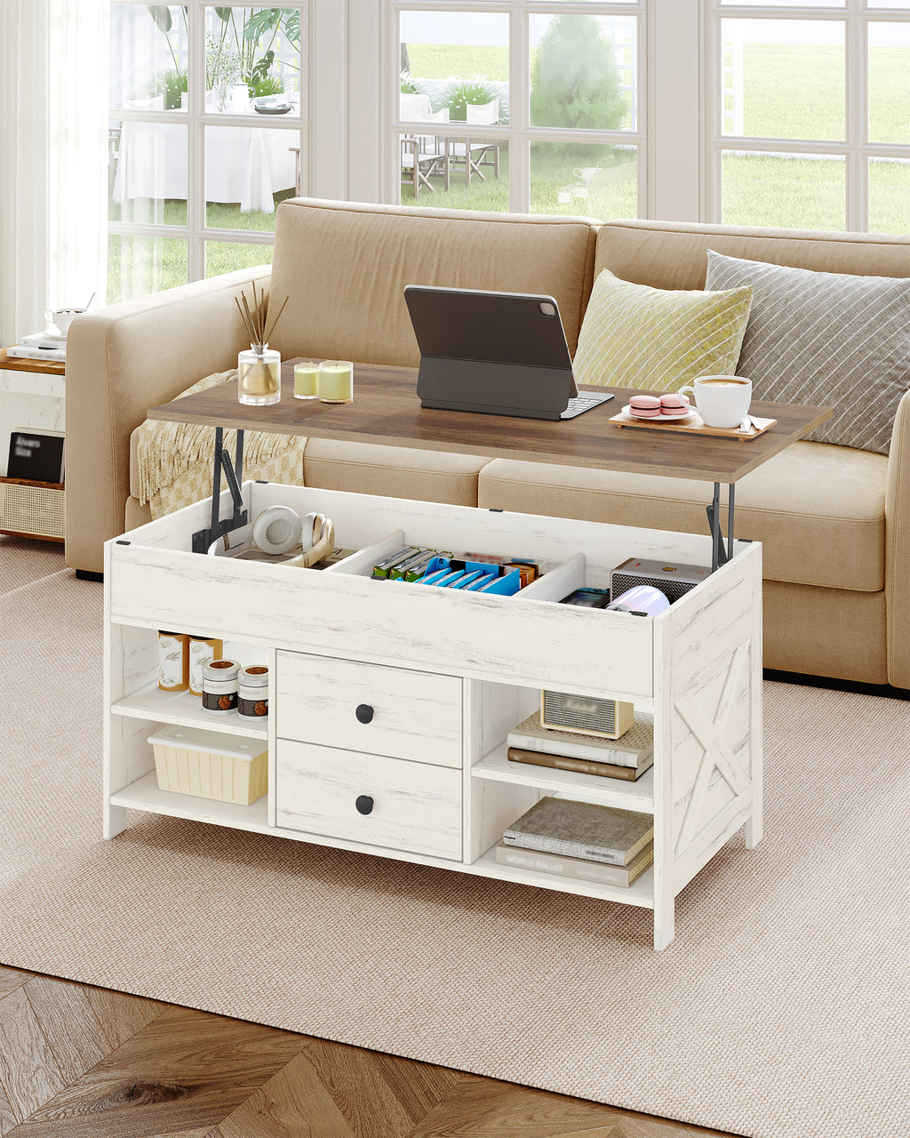 Hzuaneri Coffee Table, Height-Adjustable Living Room Table, Sofa Table, 2 Drawers and Hidden Storage, 50 x 100 x 47.3-61.3 cm, for Living Room, Dining Room, Office, White-Brown CT22114B
