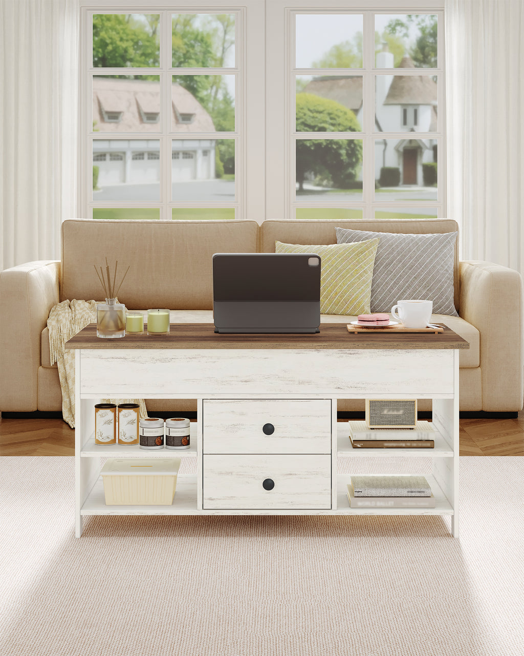 Hzuaneri Coffee Table, Height-Adjustable Living Room Table, Sofa Table, 2 Drawers and Hidden Storage, 50 x 100 x 47.3-61.3 cm, for Living Room, Dining Room, Office, White-Brown CT22114B
