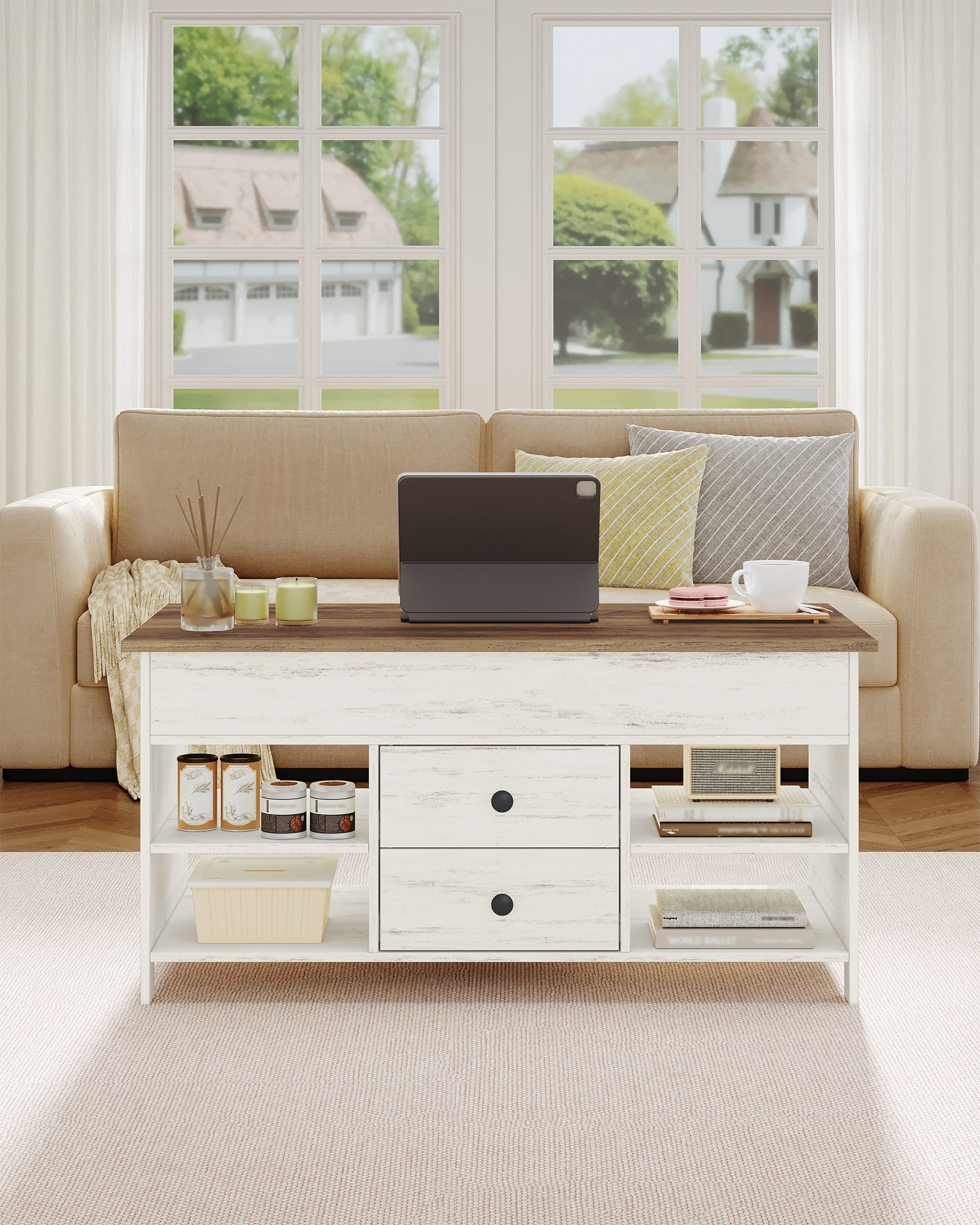 Hzuaneri Coffee Table, Height-Adjustable Living Room Table, Sofa Table, 2 Drawers and Hidden Storage, 50 x 100 x 47.3-61.3 cm, for Living Room, Dining Room, Office, White-Brown CT22114B