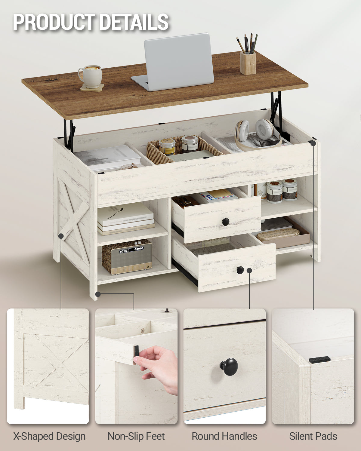 Hzuaneri Coffee Table, Height-Adjustable Living Room Table, Sofa Table, 2 Drawers and Hidden Storage, 50 x 100 x 47.3-61.3 cm, for Living Room, Dining Room, Office, White-Brown CT22114B
