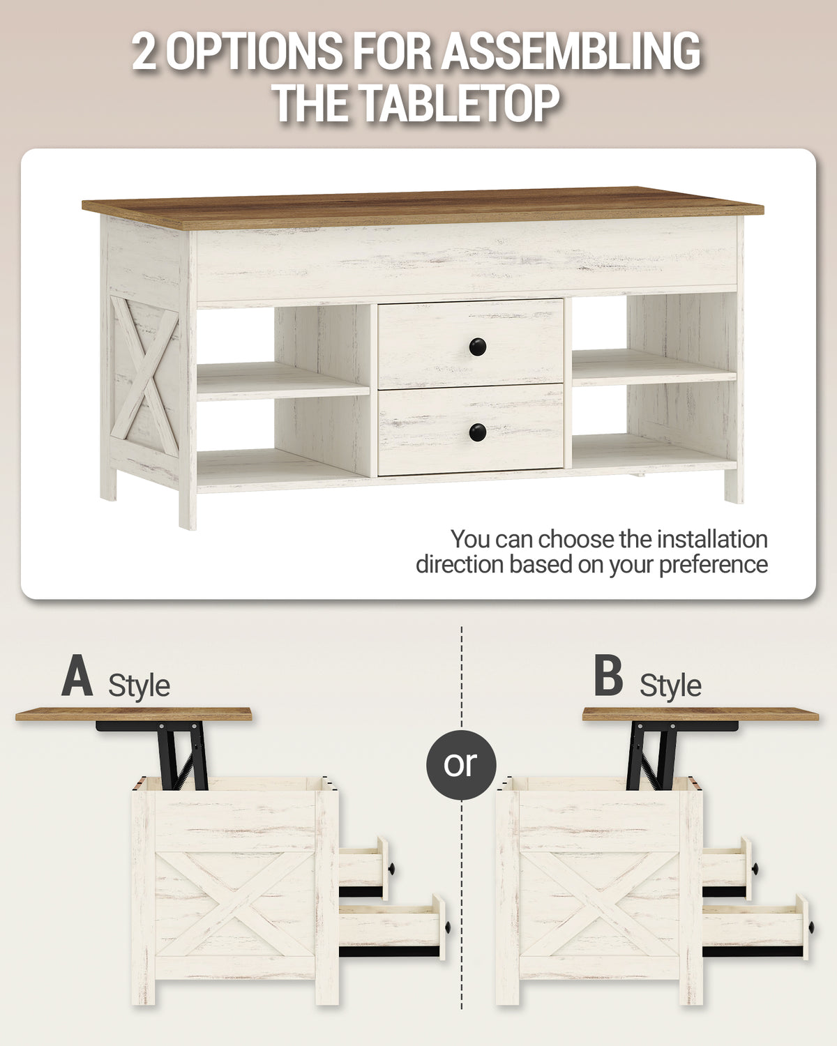 Hzuaneri Coffee Table, Height-Adjustable Living Room Table, Sofa Table, 2 Drawers and Hidden Storage, 50 x 100 x 47.3-61.3 cm, for Living Room, Dining Room, Office, White-Brown CT22114B
