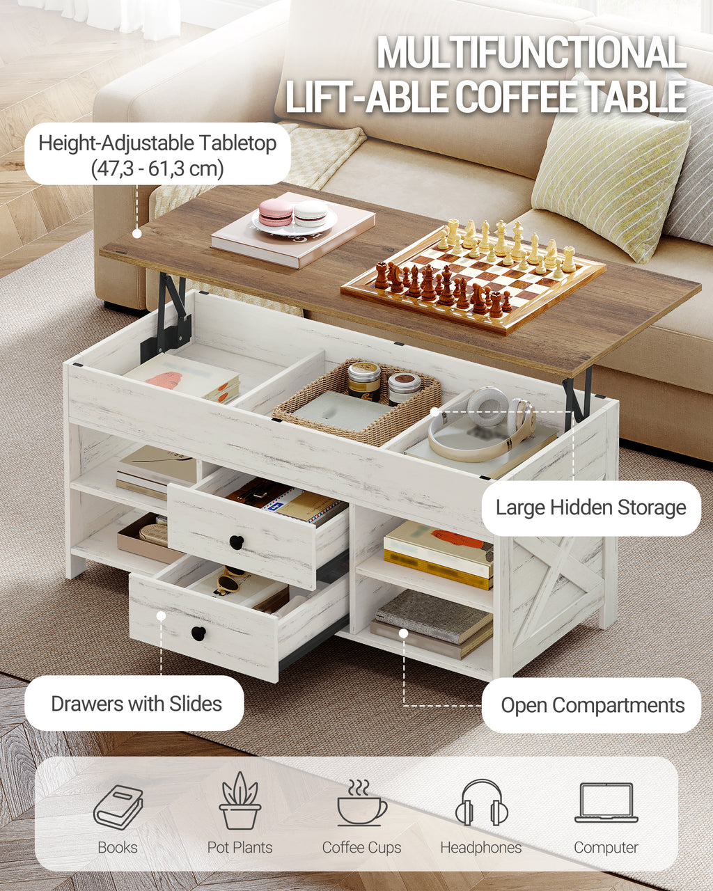 Hzuaneri Coffee Table, Height-Adjustable Living Room Table, Sofa Table, 2 Drawers and Hidden Storage, 50 x 100 x 47.3-61.3 cm, for Living Room, Dining Room, Office, White-Brown CT22114B