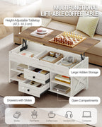 Hzuaneri Coffee Table, Height-Adjustable Living Room Table, Sofa Table, 2 Drawers and Hidden Storage, 50 x 100 x 47.3-61.3 cm, for Living Room, Dining Room, Office, White-Brown CT22114B