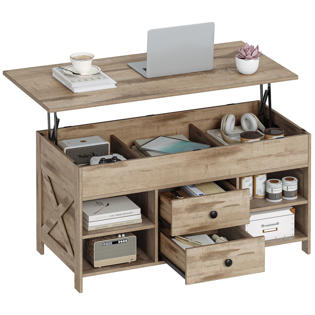 Hzuaneri Coffee Table, Height-Adjustable Living Room Table, Sofa Table, 2 Drawers and Hidden Storage, 50 x 100 x 47.3-61.3 cm, for Living Room, Dining Room, Office, Camel Brown-Black CT22123B