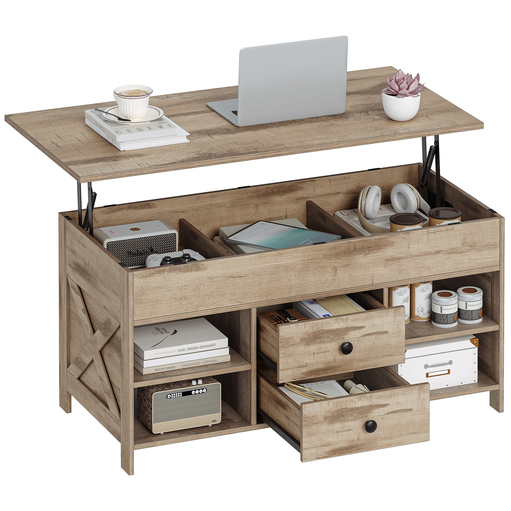 Hzuaneri Coffee Table, Height-Adjustable Living Room Table, Sofa Table, 2 Drawers and Hidden Storage, 50 x 100 x 47.3-61.3 cm, for Living Room, Dining Room, Office, Camel Brown-Black CT22123B