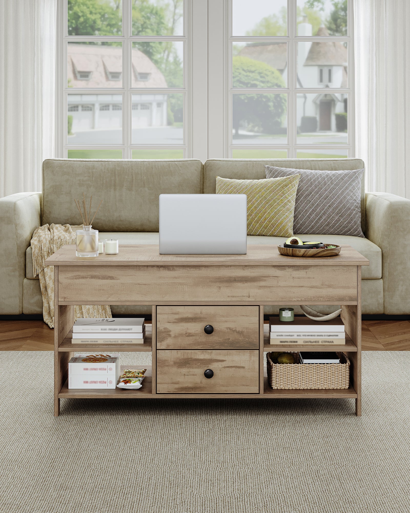 Hzuaneri Coffee Table, Height-Adjustable Living Room Table, Sofa Table, 2 Drawers and Hidden Storage, 50 x 100 x 47.3-61.3 cm, for Living Room, Dining Room, Office, Camel Brown-Black CT22123B