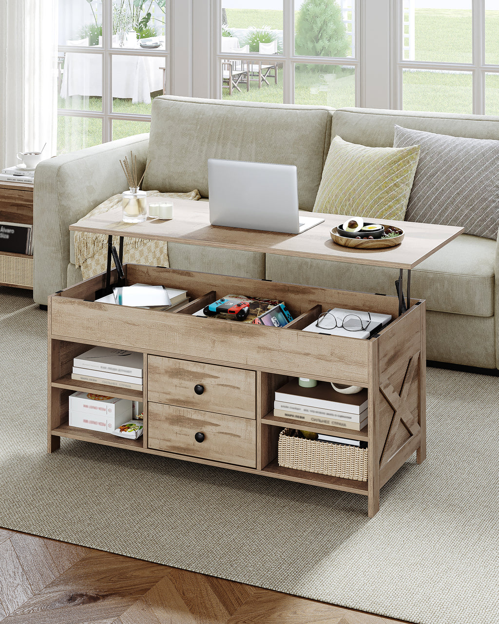 Hzuaneri Coffee Table, Height-Adjustable Living Room Table, Sofa Table, 2 Drawers and Hidden Storage, 50 x 100 x 47.3-61.3 cm, for Living Room, Dining Room, Office, Camel Brown-Black CT22123B