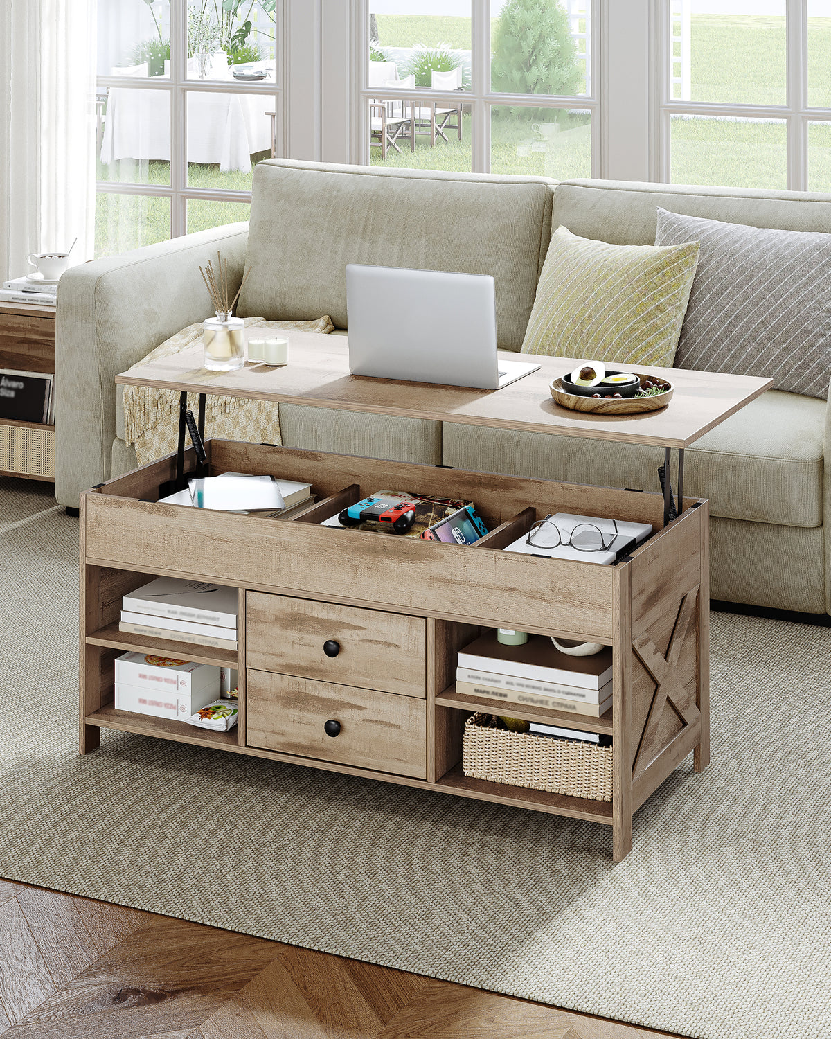 Hzuaneri Coffee Table, Height-Adjustable Living Room Table, Sofa Table, 2 Drawers and Hidden Storage, 50 x 100 x 47.3-61.3 cm, for Living Room, Dining Room, Office, Camel Brown-Black CT22123B