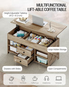 Hzuaneri Coffee Table, Height-Adjustable Living Room Table, Sofa Table, 2 Drawers and Hidden Storage, 50 x 100 x 47.3-61.3 cm, for Living Room, Dining Room, Office, Camel Brown-Black CT22123B