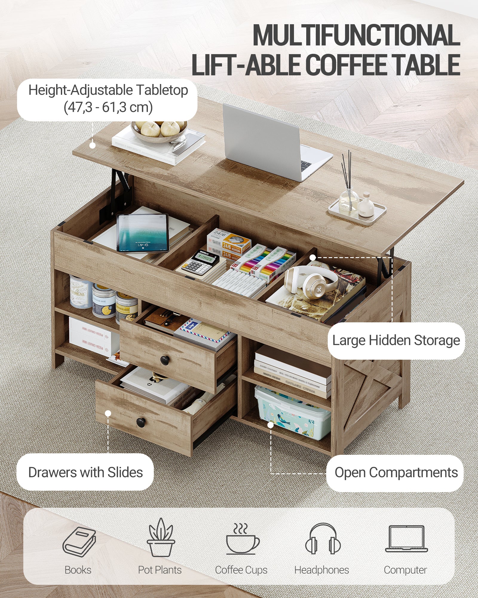 Hzuaneri Coffee Table, Height-Adjustable Living Room Table, Sofa Table, 2 Drawers and Hidden Storage, 50 x 100 x 47.3-61.3 cm, for Living Room, Dining Room, Office, Camel Brown-Black CT22123B