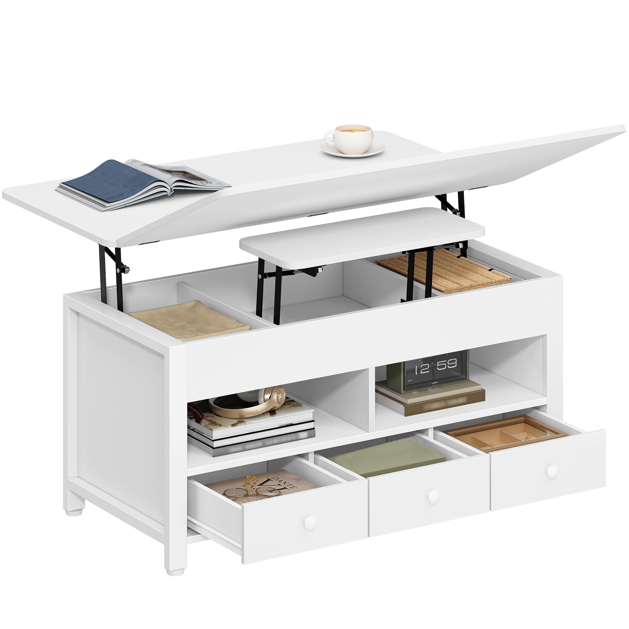 Hzuaneri Coffee Table, Height-Adjustable Living Room Table with 3 Drawers and 2 Compartments, 50 × 100 × 47 cm, Convertible Coffee Table with Drawer into Dining Table, for Living Room, Home Office, White CT22203W