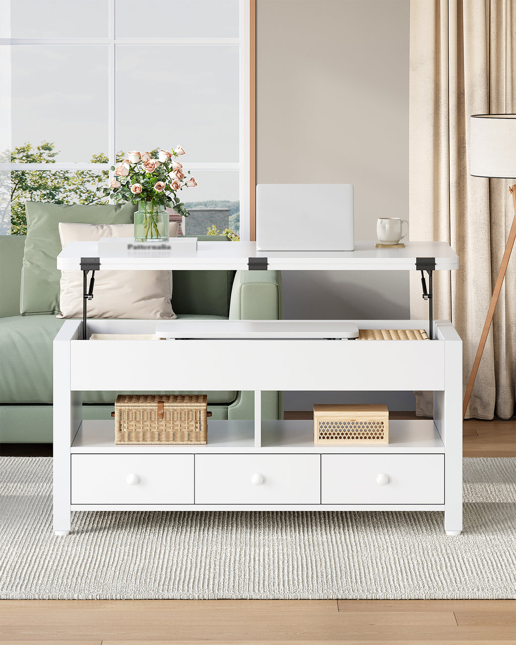 Hzuaneri Coffee Table, Height-Adjustable Living Room Table with 3 Drawers and 2 Compartments, 50 × 100 × 47 cm, Convertible Coffee Table with Drawer into Dining Table, for Living Room, Home Office, White CT22203W