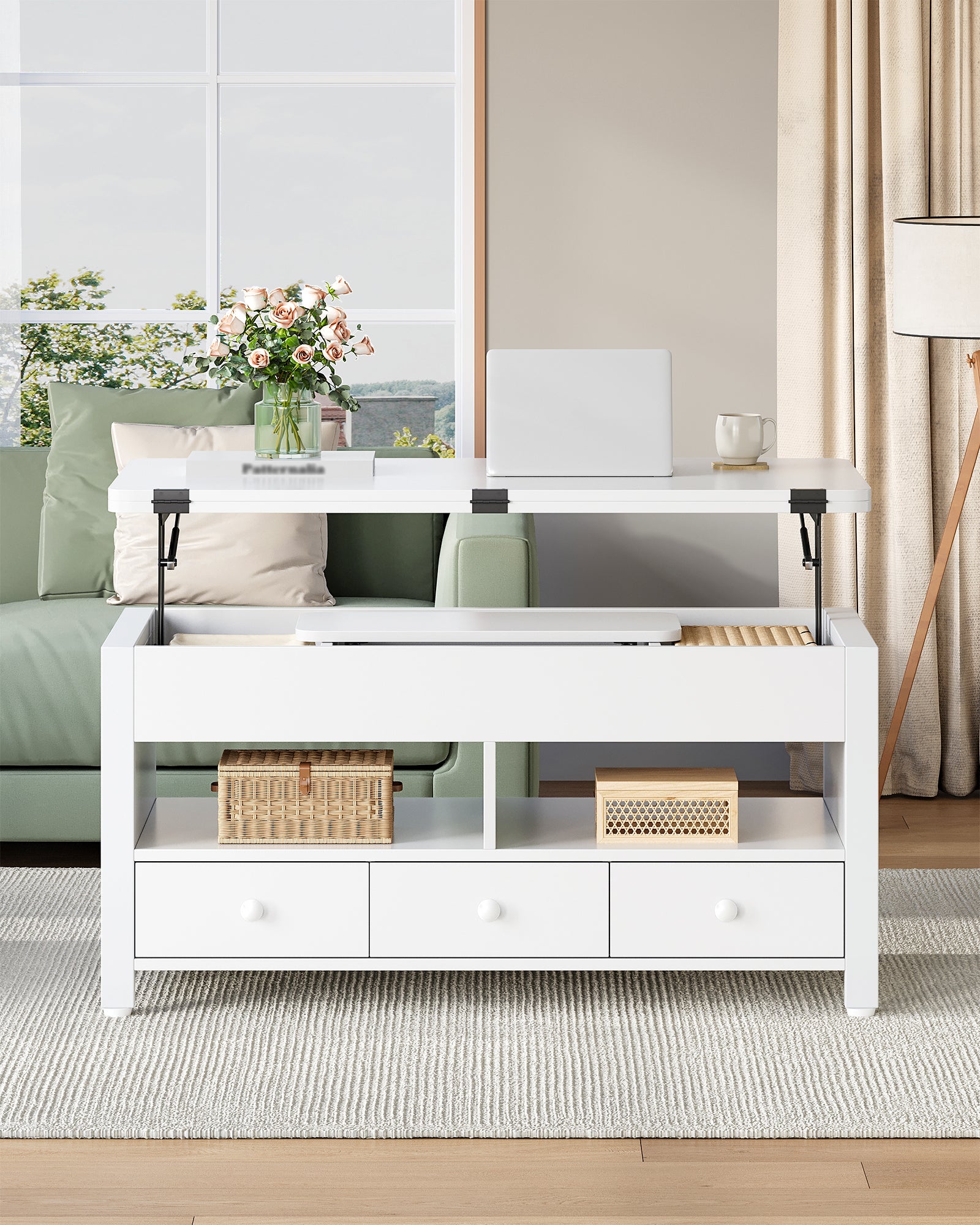 Hzuaneri Coffee Table, Height-Adjustable Living Room Table with 3 Drawers and 2 Compartments, 50 × 100 × 47 cm, Convertible Coffee Table with Drawer into Dining Table, for Living Room, Home Office, White CT22203W