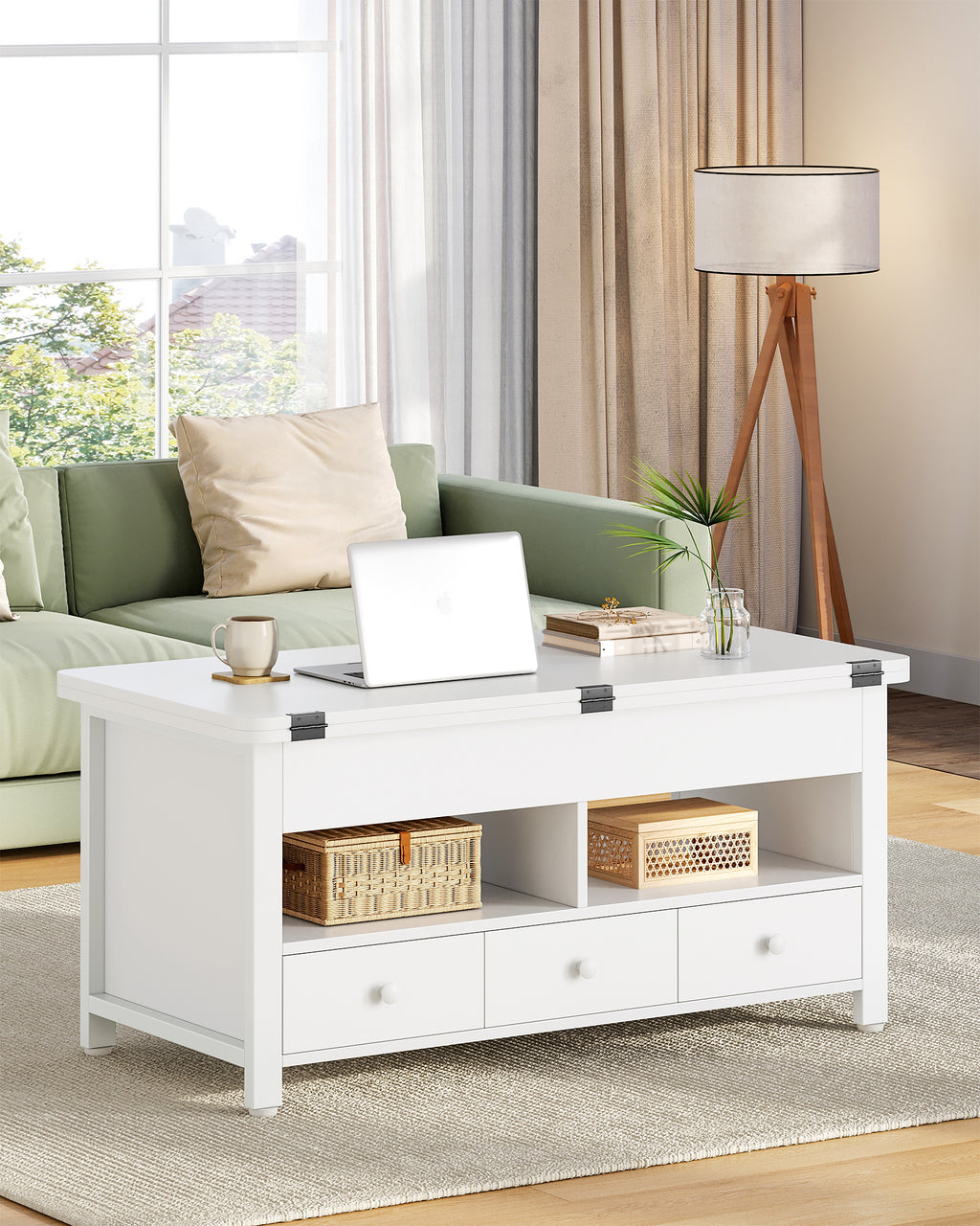 Hzuaneri Coffee Table, Height-Adjustable Living Room Table with 3 Drawers and 2 Compartments, 50 × 100 × 47 cm, Convertible Coffee Table with Drawer into Dining Table, for Living Room, Home Office, White CT22203W
