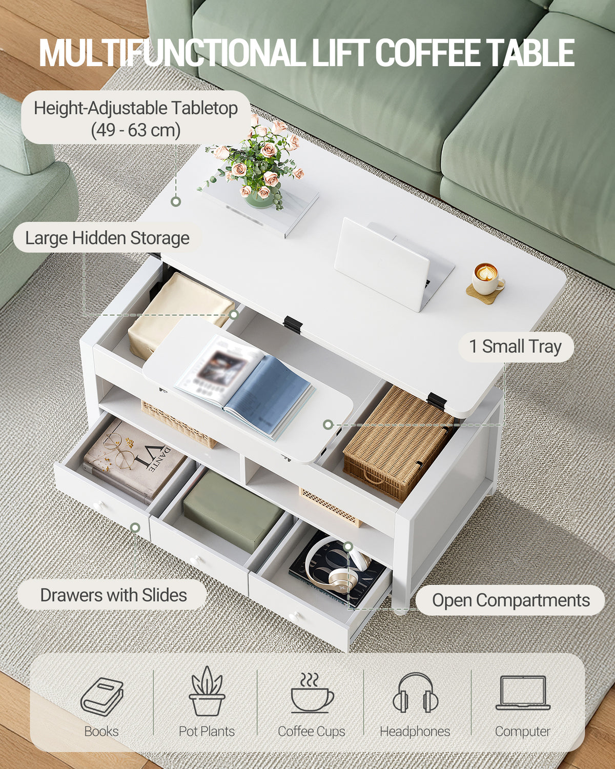 Hzuaneri Coffee Table, Height-Adjustable Living Room Table with 3 Drawers and 2 Compartments, 50 × 100 × 47 cm, Convertible Coffee Table with Drawer into Dining Table, for Living Room, Home Office, White CT22203W