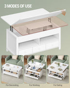 Hzuaneri Coffee Table, Height-Adjustable Living Room Table with 3 Drawers and 2 Compartments, 50 × 100 × 47 cm, Convertible Coffee Table with Drawer into Dining Table, for Living Room, Home Office, White CT22203W