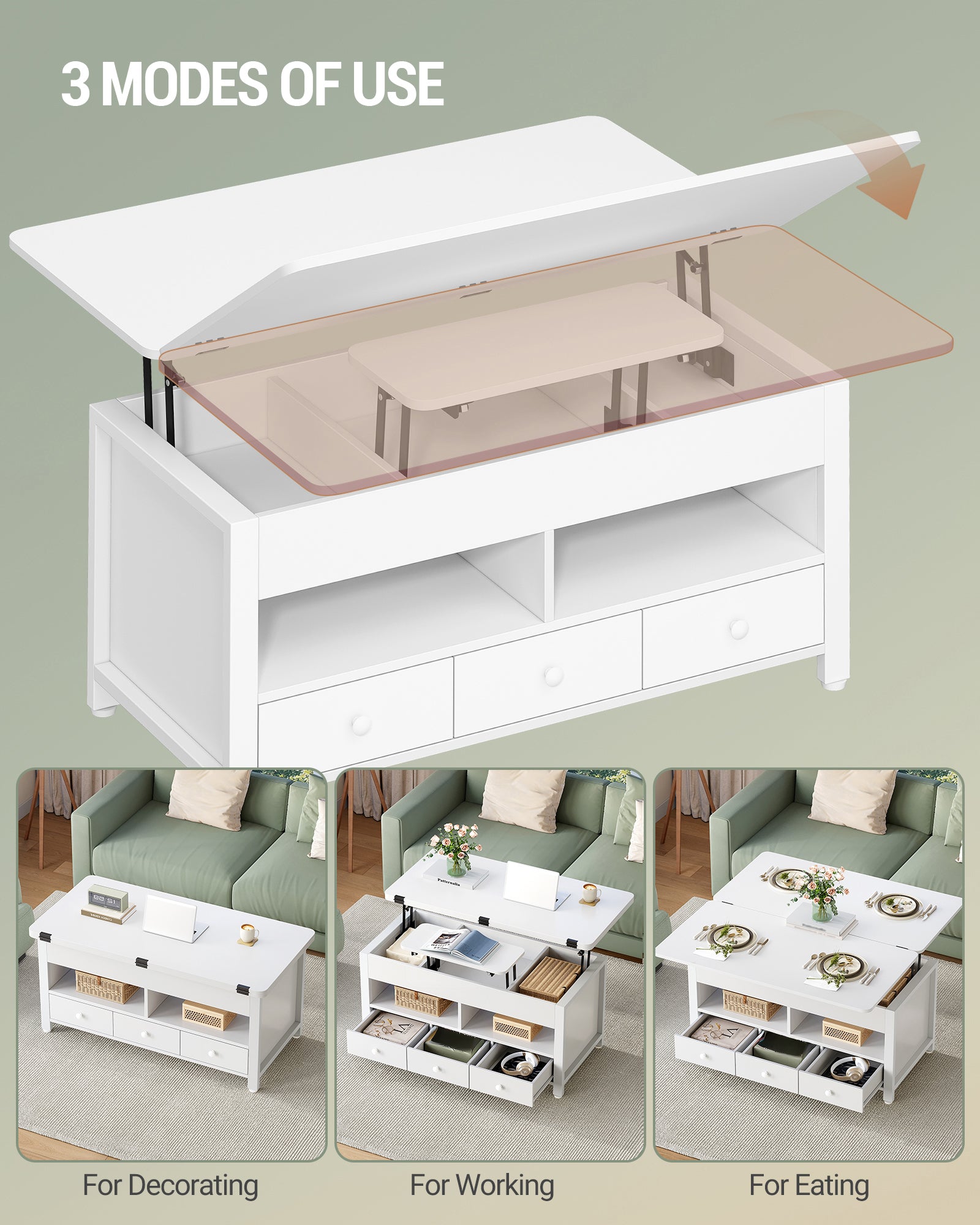 Hzuaneri Coffee Table, Height-Adjustable Living Room Table with 3 Drawers and 2 Compartments, 50 × 100 × 47 cm, Convertible Coffee Table with Drawer into Dining Table, for Living Room, Home Office, White CT22203W