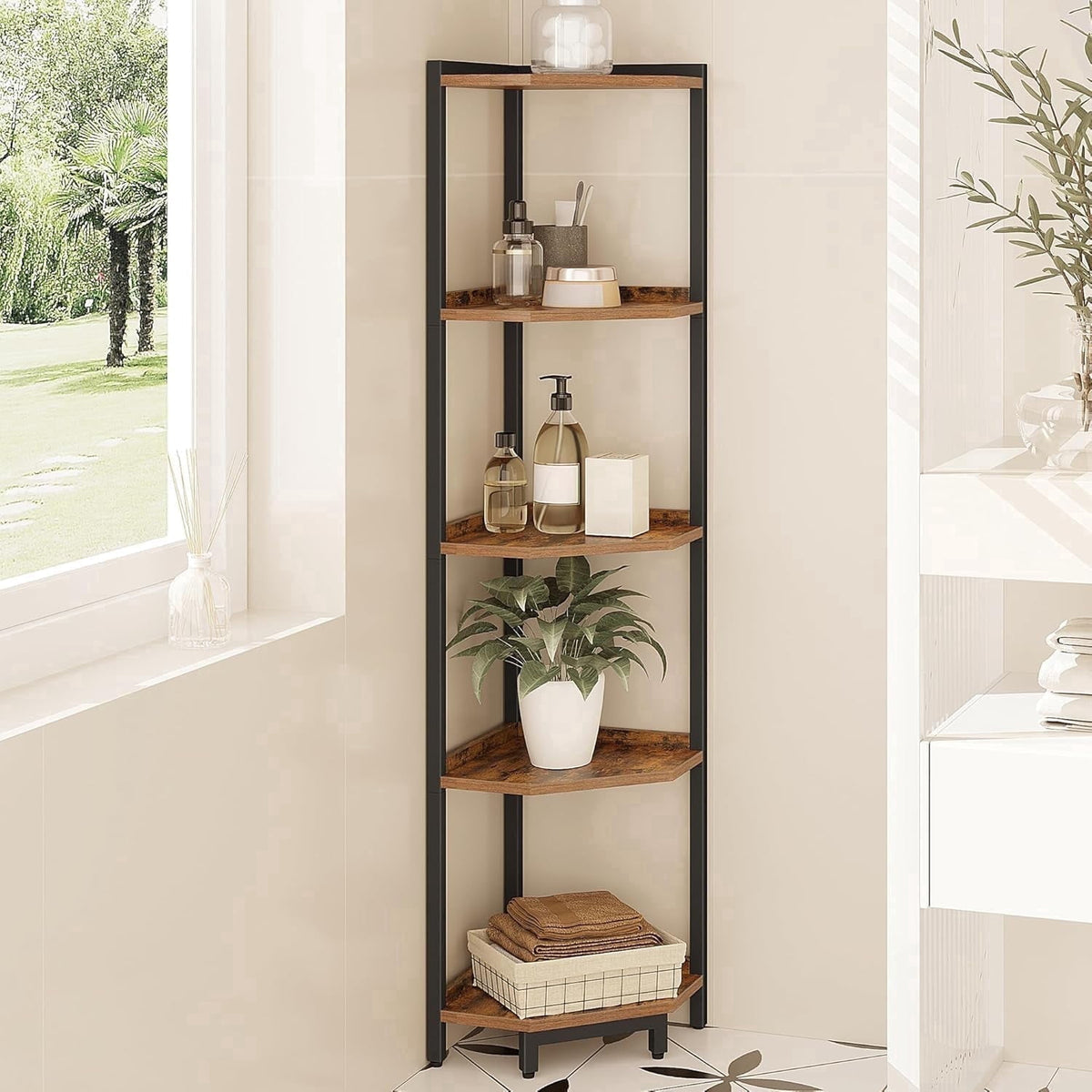 Corner Shelf Stand 5-Tier with Metal Frame, Corner Bookshelf for Living Room Home Office Bedroom, Rustic Brown