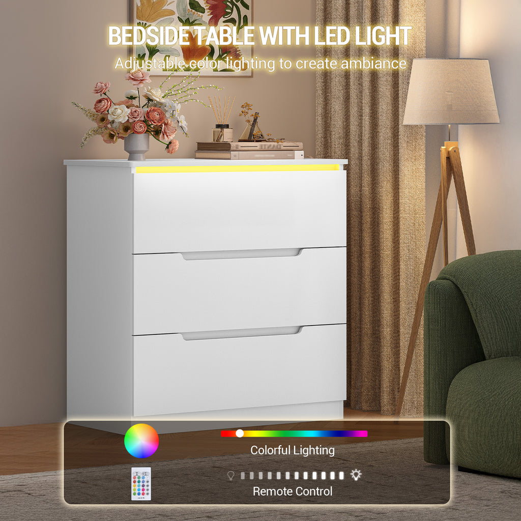 Hzuaneri DC01303XEU Chest of Drawers with LED Lighting 3 Drawers Locker with Lighting Modern Style Suitable for Living Room and Bedroom 40 x 70 x 80 cm White