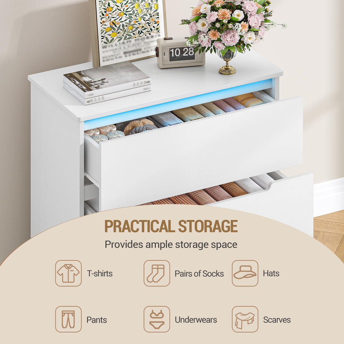 Hzuaneri DC01303XEU Chest of Drawers with LED Lighting 3 Drawers Locker with Lighting Modern Style Suitable for Living Room and Bedroom 40 x 70 x 80 cm White