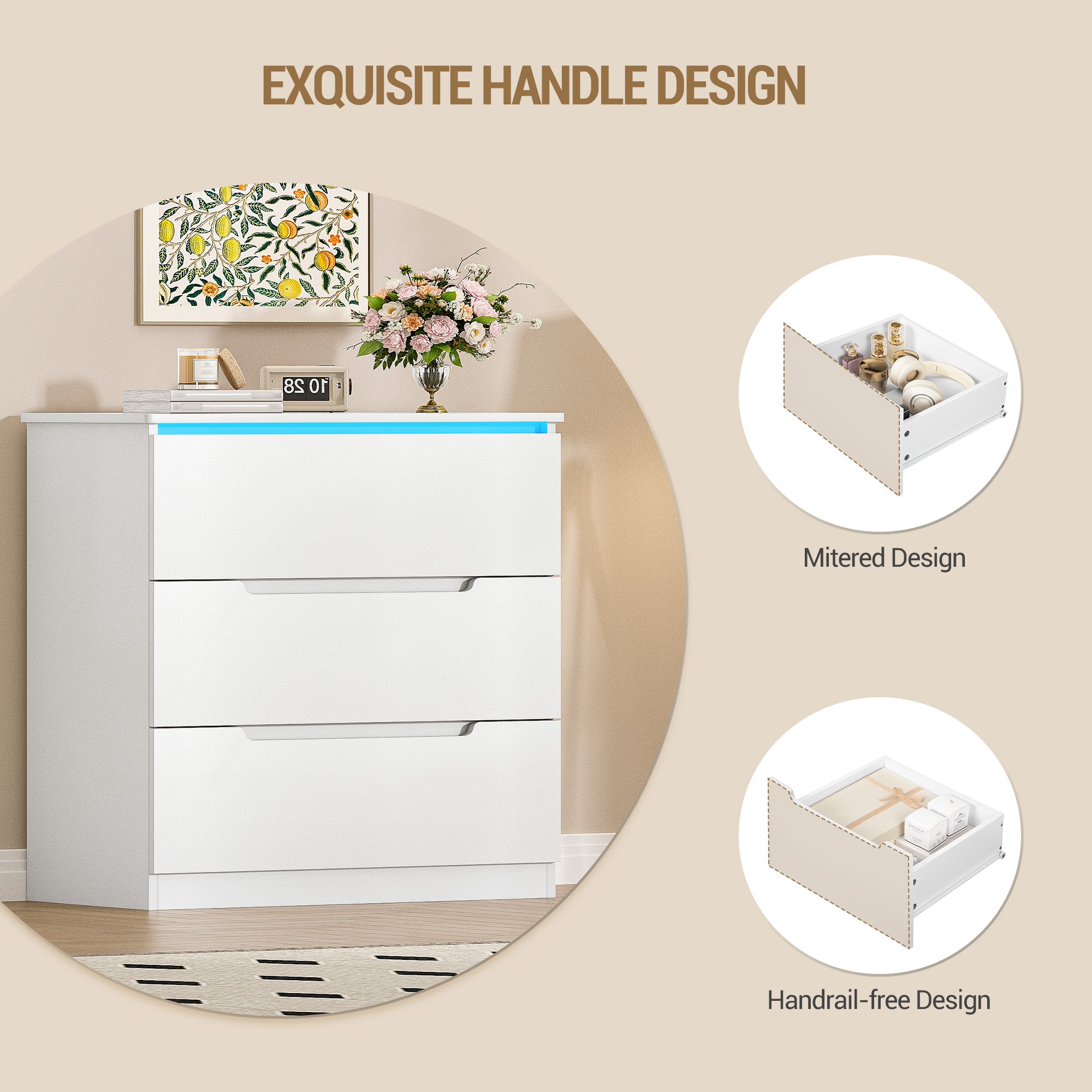 Hzuaneri DC01303XEU Chest of Drawers with LED Lighting 3 Drawers Locker with Lighting Modern Style Suitable for Living Room and Bedroom 40 x 70 x 80 cm White