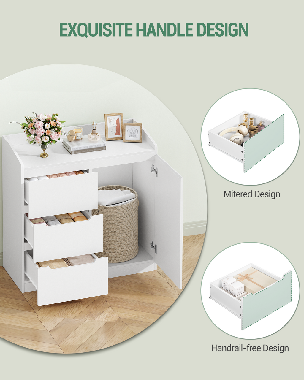 Hzuaneri Chest of Drawers, Chest of Drawers with 3 Drawers and 1 Door, Side Cabinet with Work Surface, Drawer Cabinet, Modern Style, Suitable for Living Room and Bedroom, 40 x 80 x 87 cm, White DC12303X