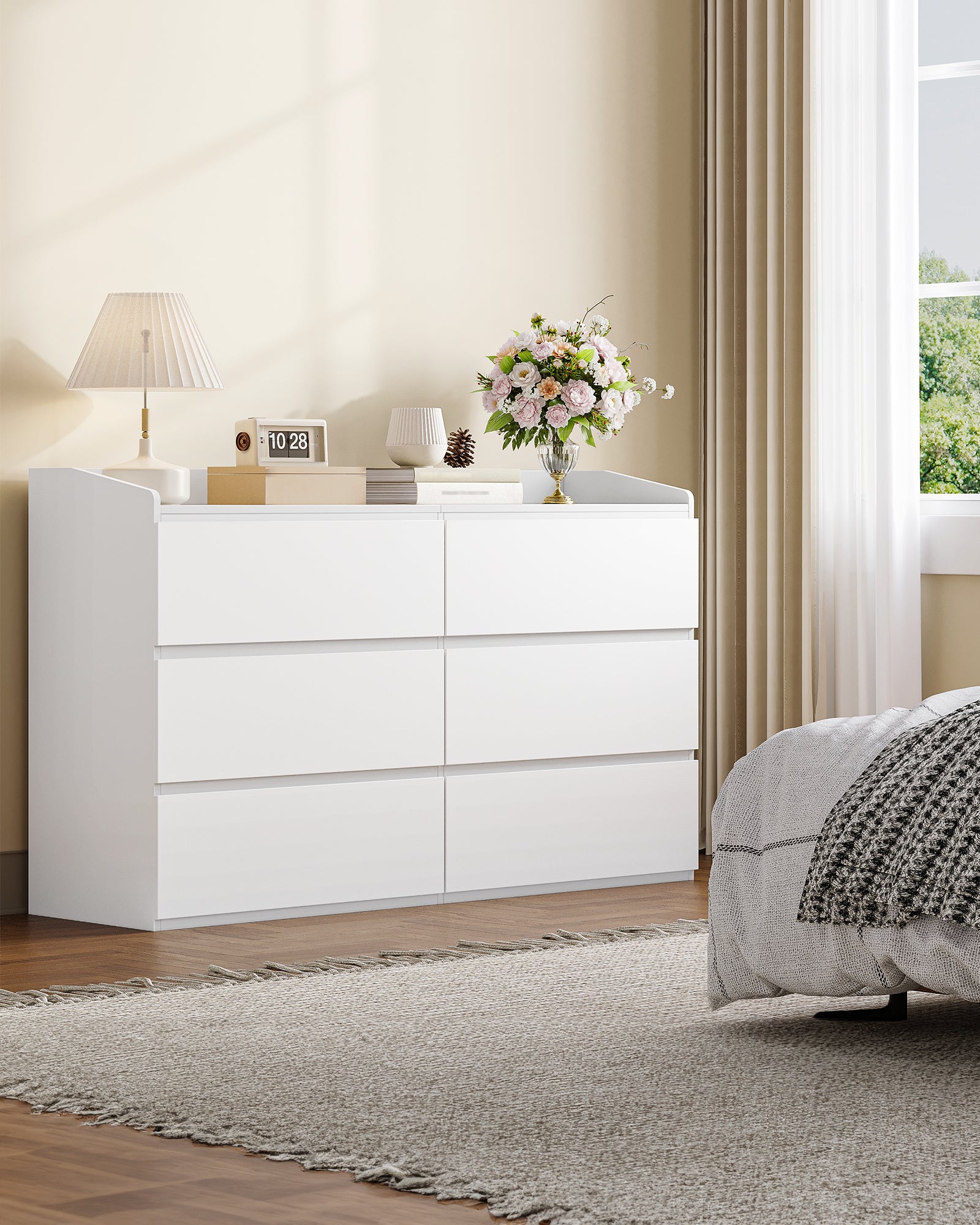 Hzuaneri Chest of Drawers 138 cm, Chest of Drawers with 6 Drawers, Side Cabinet with Work Surface, Locker with Top Rail, Suitable for Living Room and Bedroom, 40 x 138 x 84 cm, White DC32603X