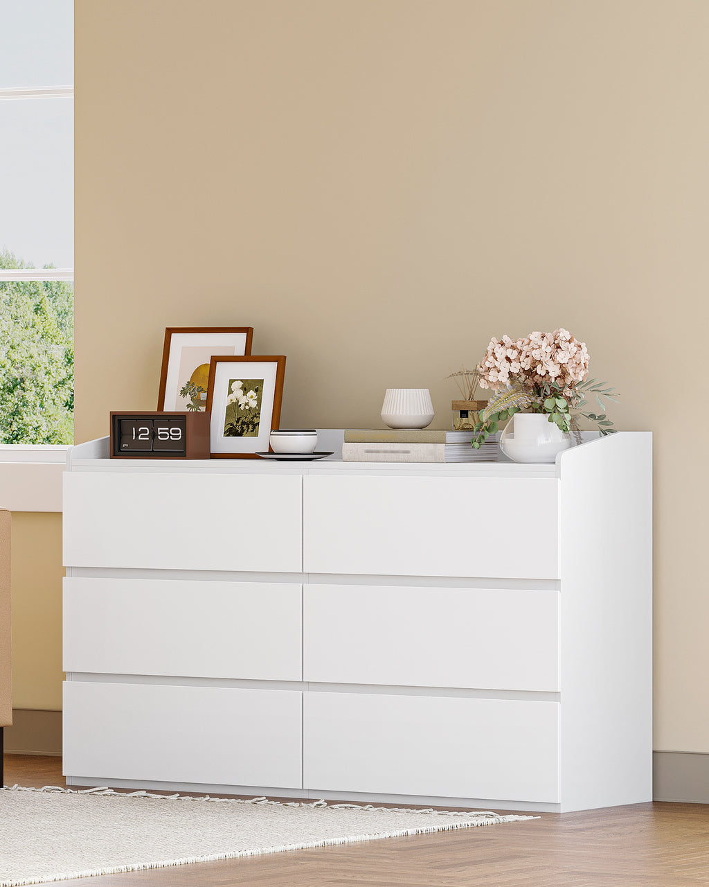 Hzuaneri Chest of Drawers 138 cm, Chest of Drawers with 6 Drawers, Side Cabinet with Work Surface, Locker with Top Rail, Suitable for Living Room and Bedroom, 40 x 138 x 84 cm, White DC32603X