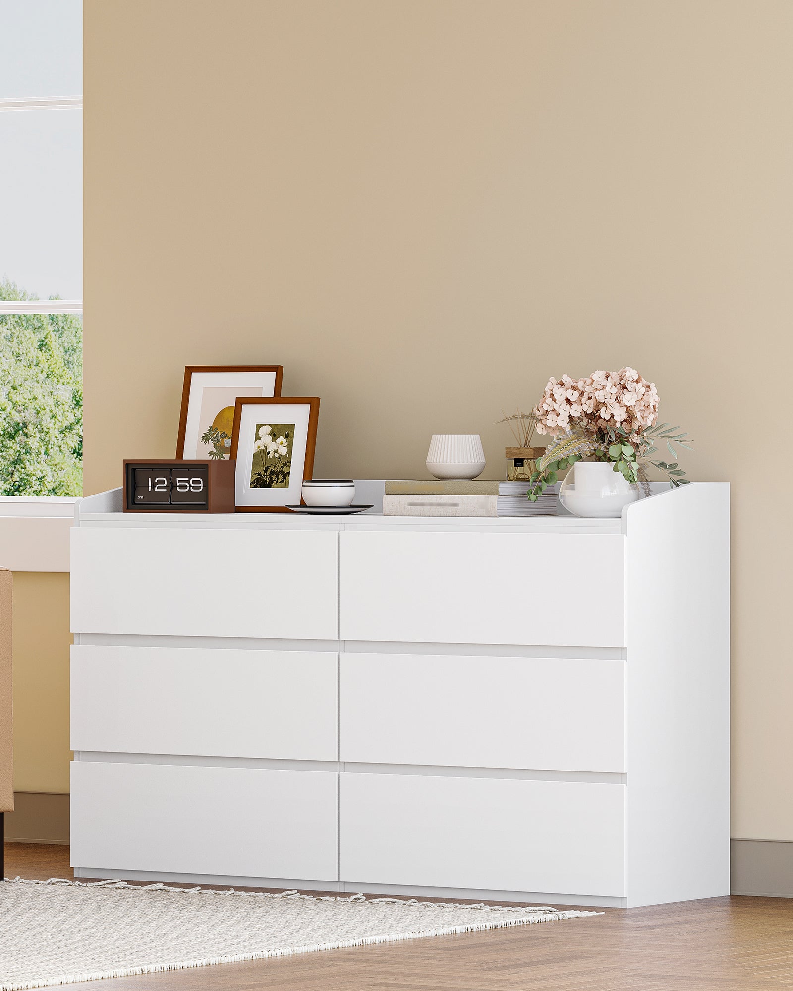 Hzuaneri Chest of Drawers 138 cm, Chest of Drawers with 6 Drawers, Side Cabinet with Work Surface, Locker with Top Rail, Suitable for Living Room and Bedroom, 40 x 138 x 84 cm, White DC32603X