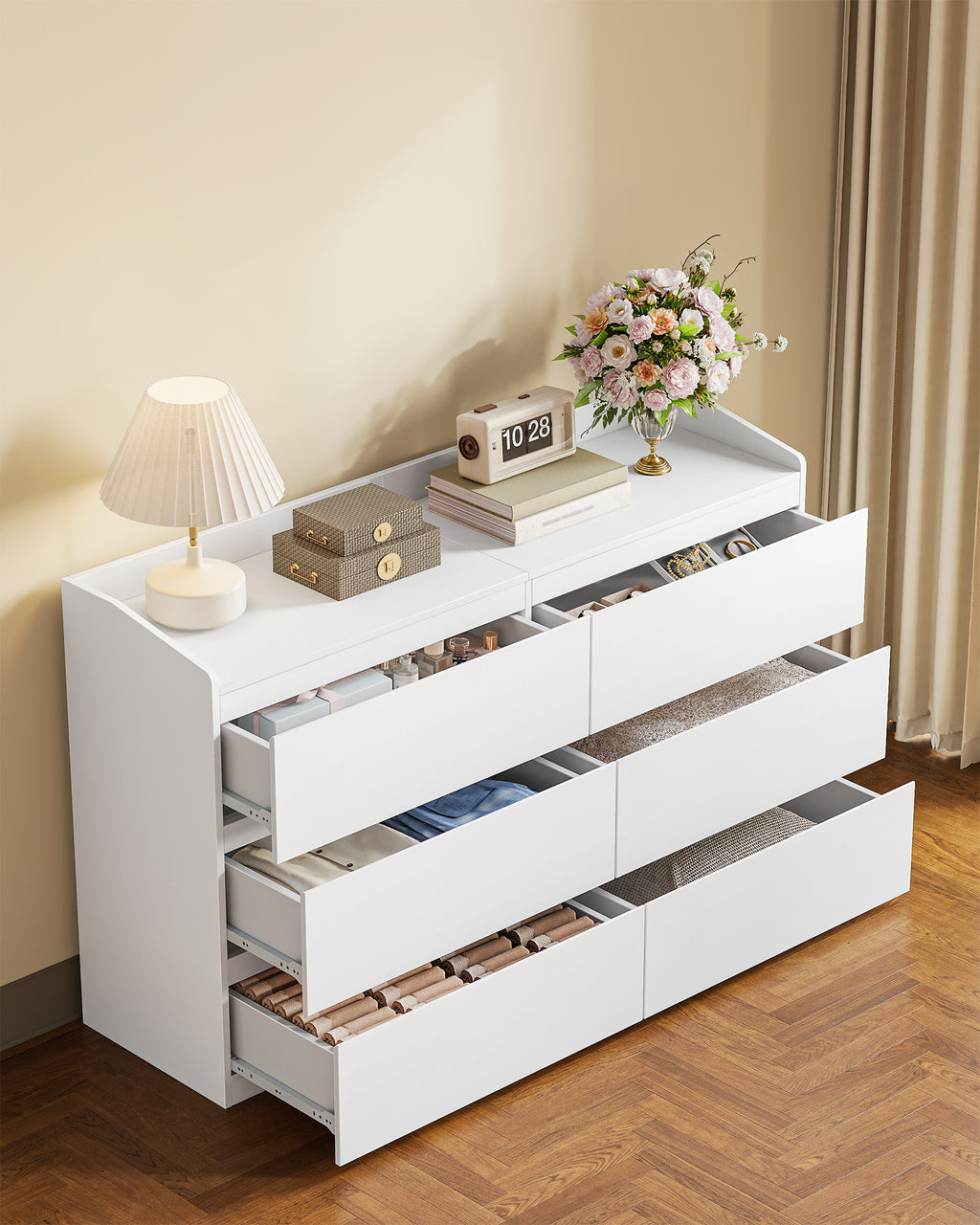 Hzuaneri Chest of Drawers 138 cm, Chest of Drawers with 6 Drawers, Side Cabinet with Work Surface, Locker with Top Rail, Suitable for Living Room and Bedroom, 40 x 138 x 84 cm, White DC32603X