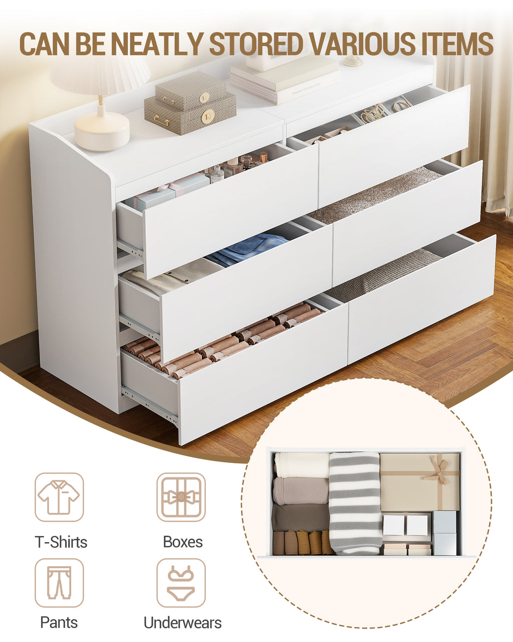Hzuaneri Chest of Drawers 138 cm, Chest of Drawers with 6 Drawers, Side Cabinet with Work Surface, Locker with Top Rail, Suitable for Living Room and Bedroom, 40 x 138 x 84 cm, White DC32603X