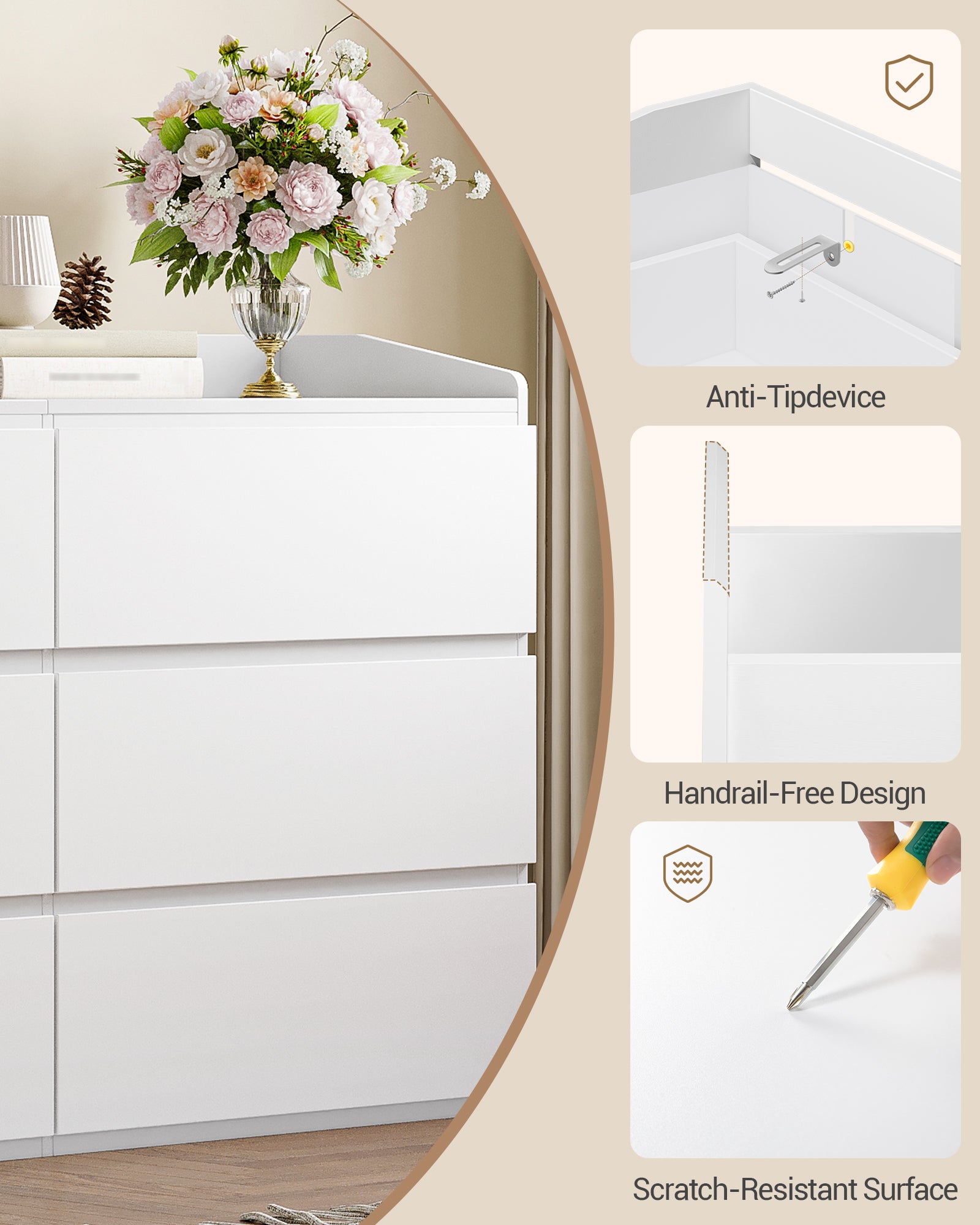 Hzuaneri Chest of Drawers 138 cm, Chest of Drawers with 6 Drawers, Side Cabinet with Work Surface, Locker with Top Rail, Suitable for Living Room and Bedroom, 40 x 138 x 84 cm, White DC32603X